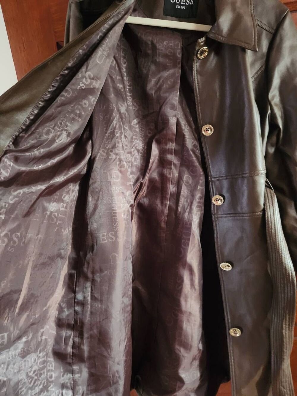 Guess Medium Faux Leather Belted Trench Coat in chocolate brown (R) - Picture 9 of 11